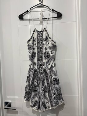 White and Black Paisley Halter Romper with Pom Trim